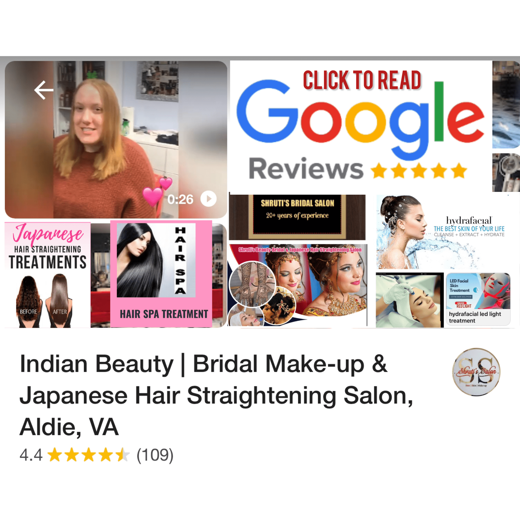 5 star GOOGLE REVIEWS for Shruti's  Indian beauty - Bridal & japanese hair staightening salon,Loudoun,  va